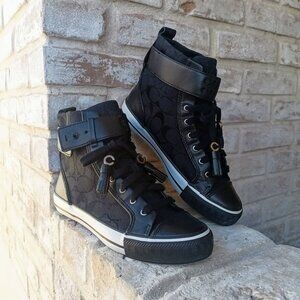 COACH Foster Black Signature C Canvas/leather High Top Sneakers. Size 6.5